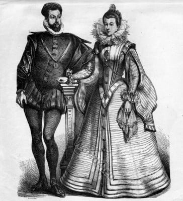 The Spanish Fashion. French nobility in court dresses, 16th century. Spanish Baroque and Renaissance costumes. The Spanish fashion and court dress. Costume Designer ideas and research