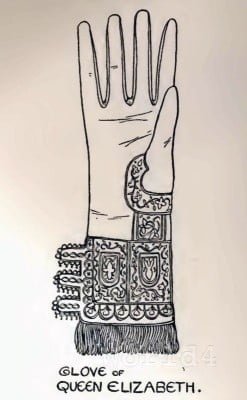 Glove of Queen Elizabeth Medieval England fashion. Vintage Costumes. Nobility Accessoires Gloves. History of British Costume