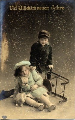 German children fashion costumes and dresses. Winter ski clothing.