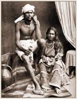 Indian Coolie Man and Wife dress. Hindu Slave clothing from India. Laborers Cultural Costume and Turban