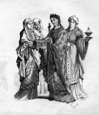 Frankish Noblewomen and Queen. Carolingian byzantine costumes. Frankish Queen 9th century clothing. Carolingian costumes. Medieval Noblewomen fashion dresses