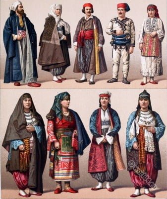 Historical Turkish male and female costumes. Ottoman Empire clothing