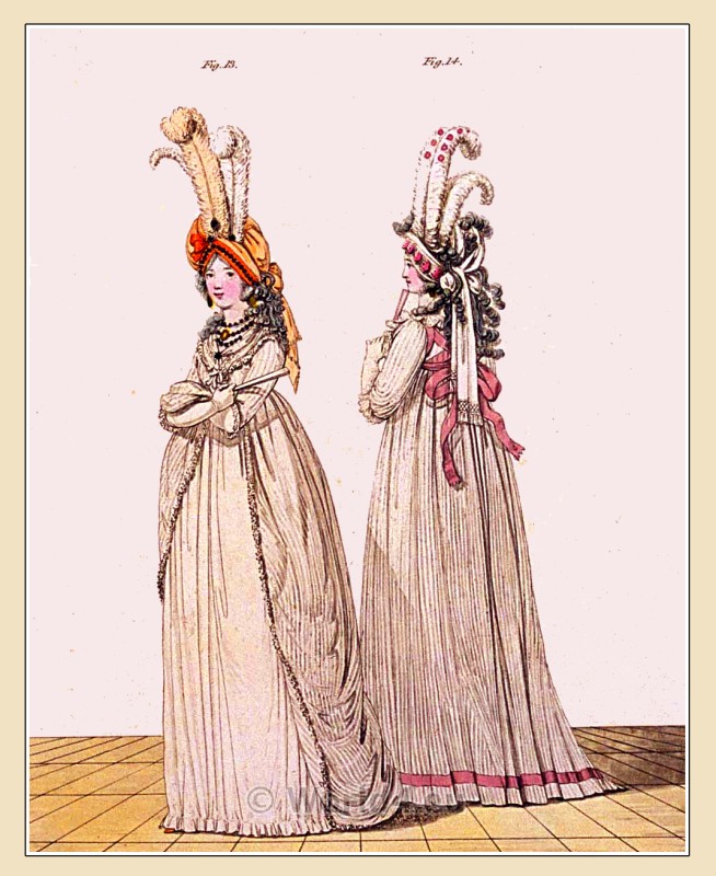 Robe of white striped tiffany gauze. Full Dresses. England Regency 1794.