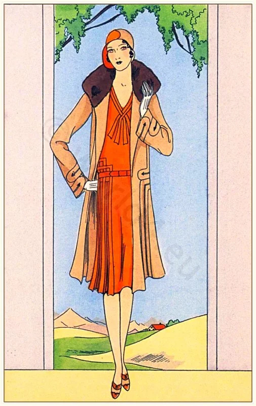 Couturier Jean Patou. Art deco costumes. Flapper fashion Model of Rolls-Royce. French 1920s clothing.