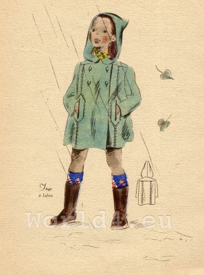 Raincoat with hood. German Children Fclothing. Kids vintage costumes. 1940s fashion.