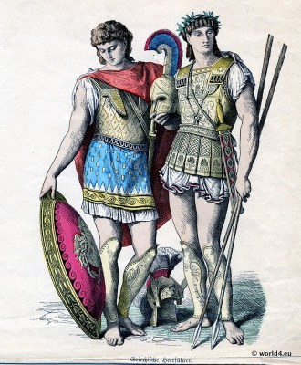 Ancient warriors in armor, shield and sword. Greek costumes of military leaders.