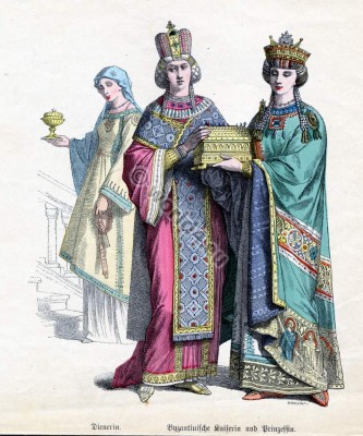 Byzantine nobility, empress, prinzess, servant, costumes, crown, tunic, court, costume, habit, dress, illustration,