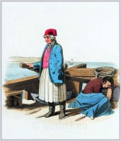 French pilot in large petticoats, boots, gay colored caps and earrings.