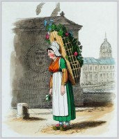 Flower girl of Paris with huge wooden shoes, 1821.
