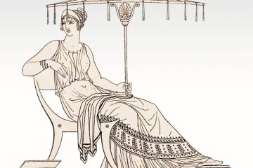 Woman from ancient Greece seated with her umbrella