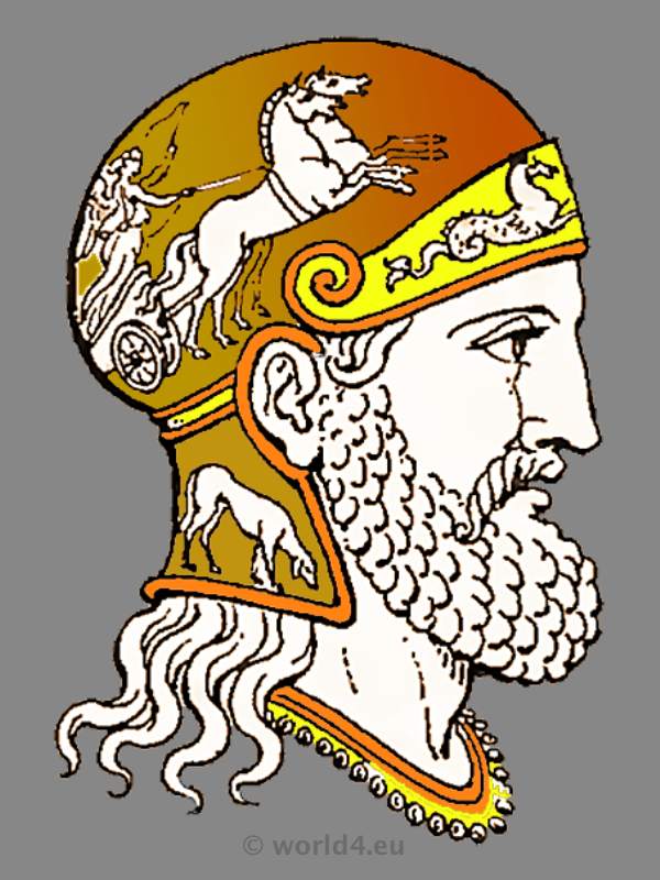 Ancient greek hero head dress and helmet. Antique Warrior and soldiers uniforms.