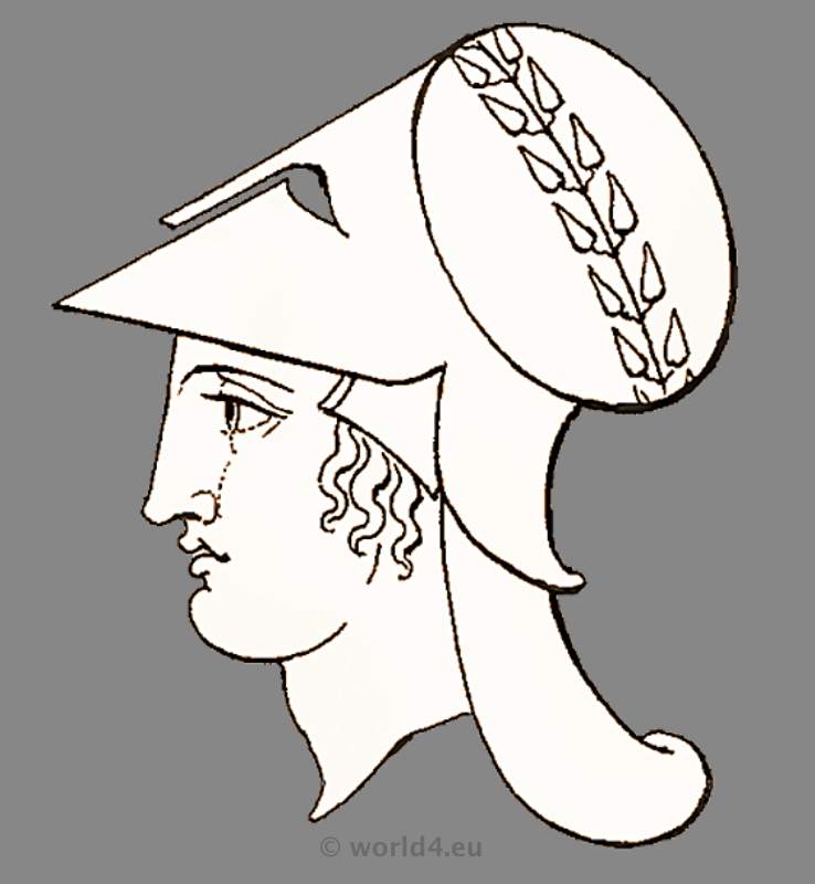 Ancient Roman goddess Minerva head dress and helmet. Antique Warrior and soldiers uniforms