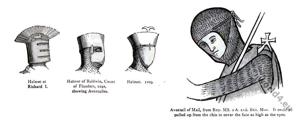 Aventailes. Middle ages helmet. Knight armor