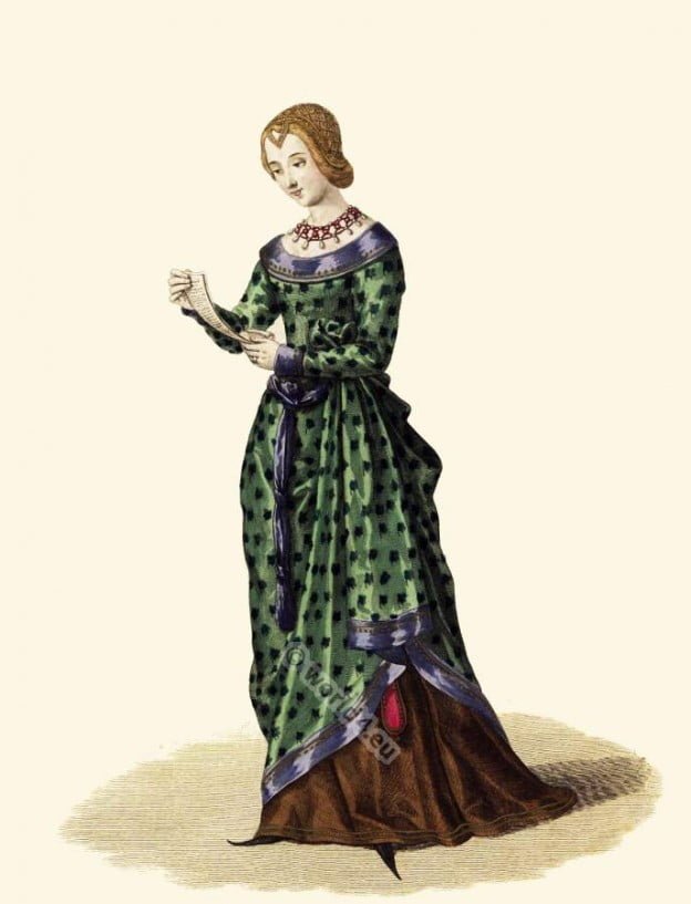 Medieval fashion and style. Middle ages, Gothic dresses and costume. French Nobility clothing.