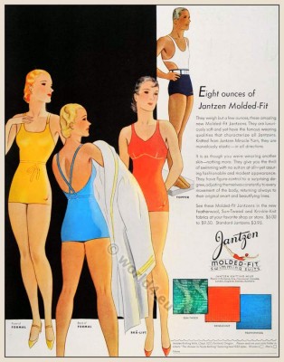Vintage bathing suits. Retro swim suits 1930s. Beach fashion for men and women. Boho style.