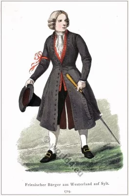 Old German folk clothing. Traditional Frisian islands men costume. Alte Friesische Tracht.