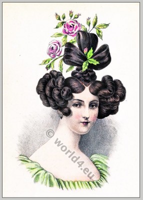 Romantic era hairstyle. 19th century fashion.