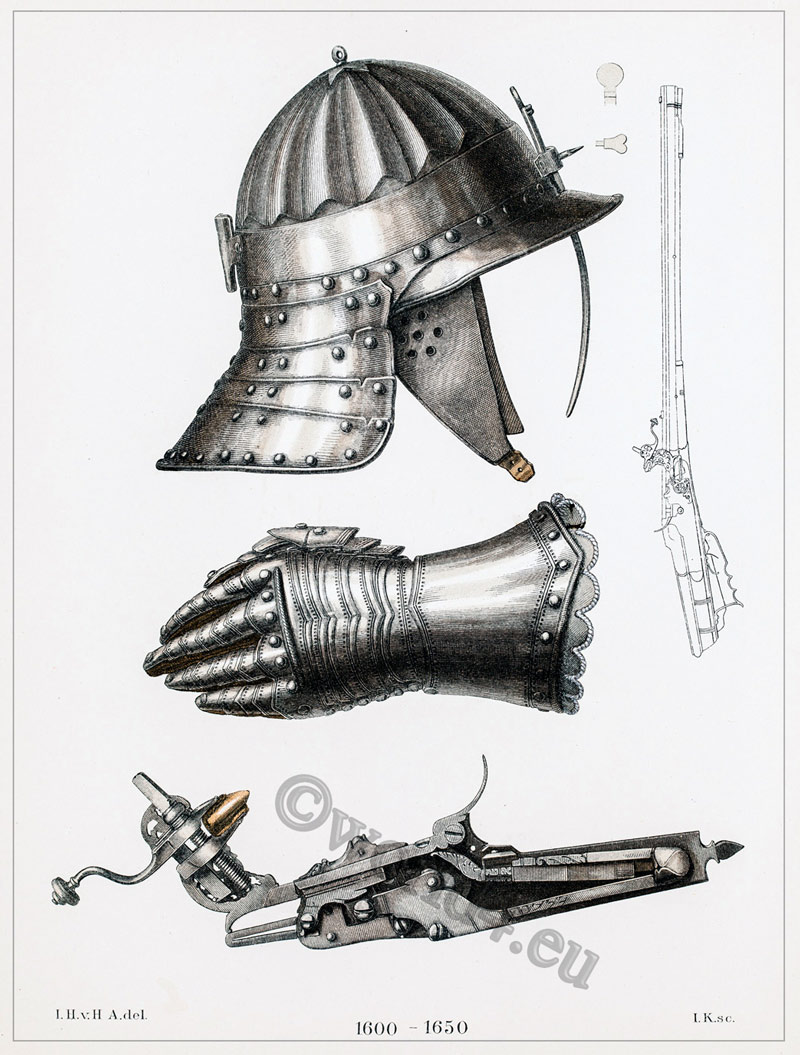 30 years war weapons. Helmet, gloves and a musketeer rifle. 