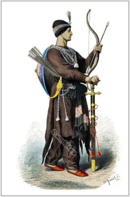 Indian archer. armour. 15th century costume. Hindu soldier. Medieval Asia military. Franz Lipperheide.