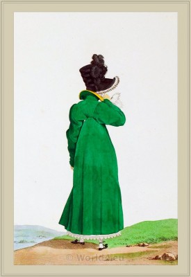 Merveilleuses Costume Redingote de Mérinos. France directoire, regency era fashion. Neoclassical costume plate by Horace Vernet.