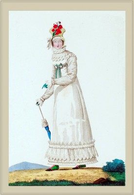 Merveilleuse Costume Robe garnie de Bouillonnés. France directoire, regency era fashion. Horace Vernet.