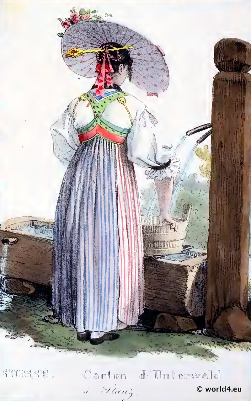 Woman from Canton Nidwalden. Switzerland national costumes 1815.