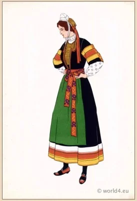 Traditional French national costumes. Woman folk dress. Pont-l'Abbé Brittany region