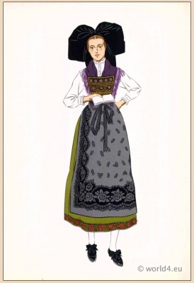 Poichoir Fashion Print. Traditional French national costumes. Woman folk dress from Alsace