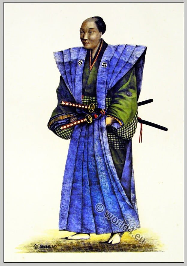 Japan warrior dress. Japanese Samurai with kimono and swords