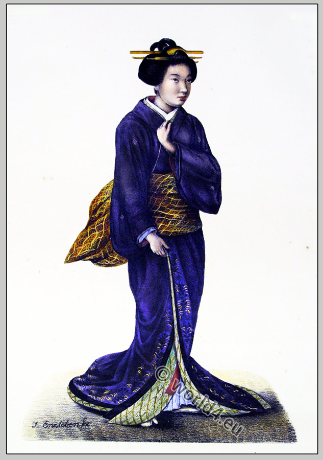 Traditional Japanese woman clothing. Antique Japan Kimono costume.