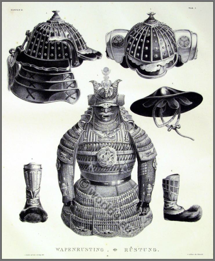 Japanese samurai armor with helmet, breastplate and boots