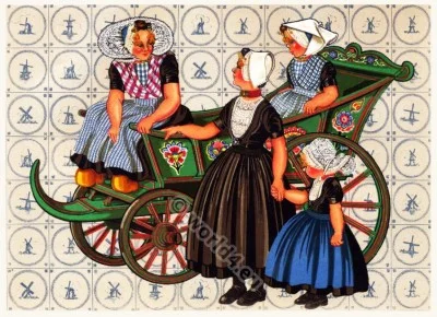 Netherlands traditional costumes. Women and Children folk dresses.