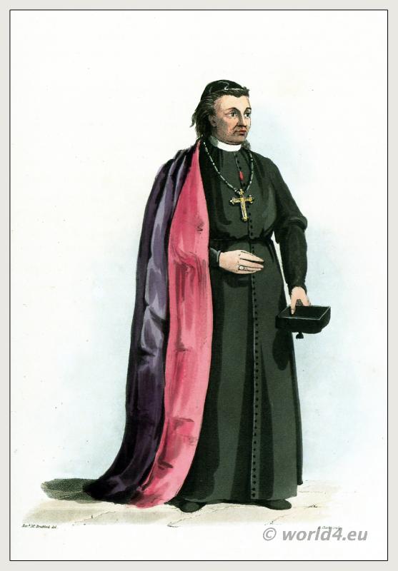 Traditional Portuguese Bishop costume. Ecclesiastical clothing. Purple mantle of silk, lined with crimson.