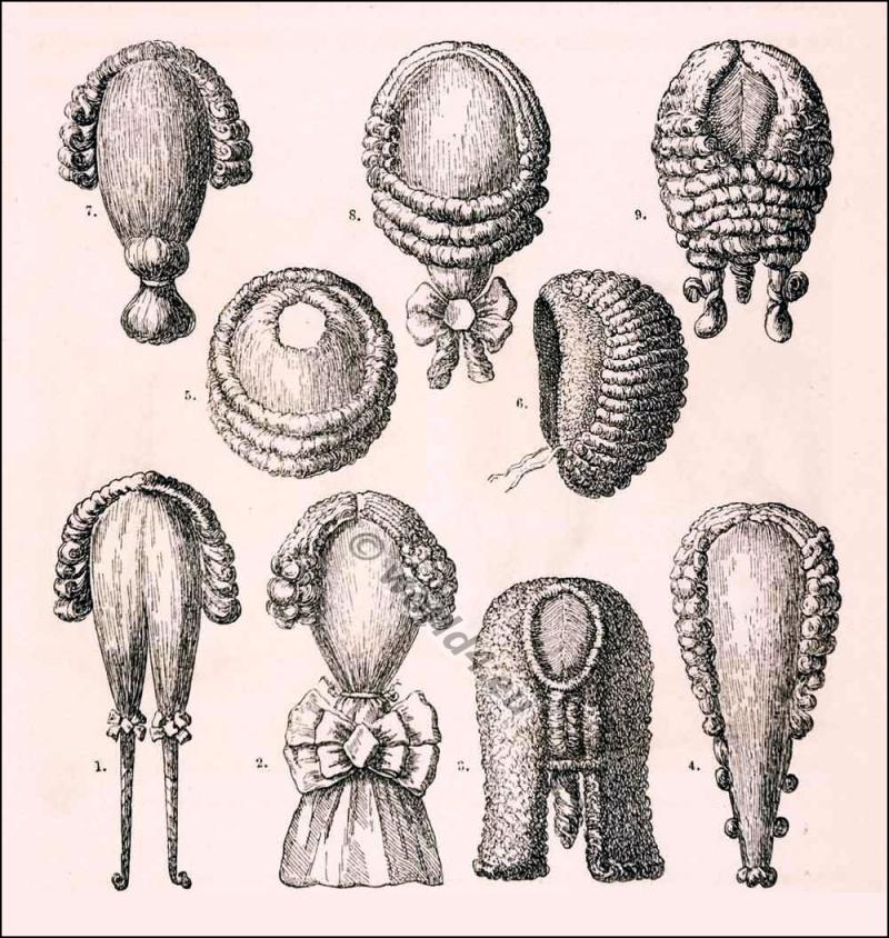French baroque and rococo wigs. 18th century fashion.