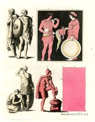 Ancient Roman costumes. Greco Roman warriors with Shields, Armor.