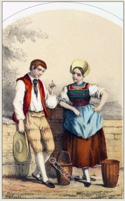 Traditional Switzerland national costumes. Swiss folk dresses. Clothing from Canton of Aargau