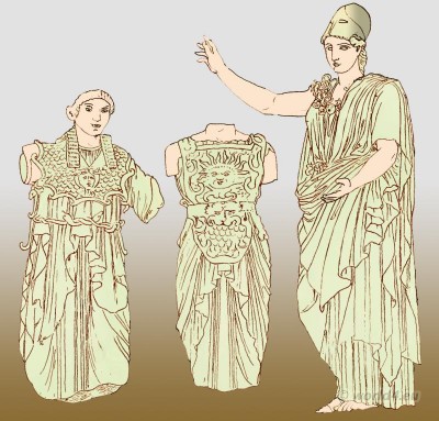 Ancient Greek costume. Goddess Pallas Athena wearing aegis with Gorgon