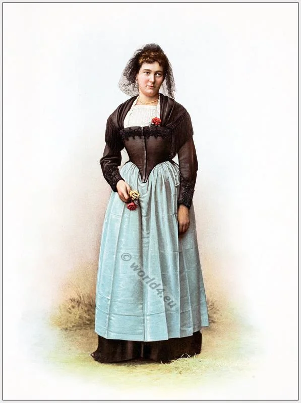 Traditional Switzerland national costume. Swiss folk dresses. Clothing from Canton of Berne