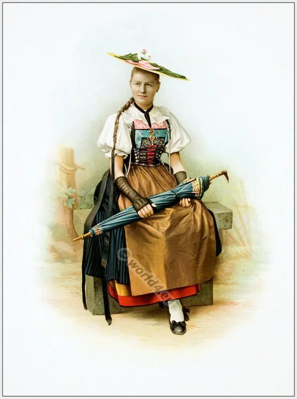 Traditional Switzerland national costumes. Swiss folk dresses. Clothing from the Canton of Argau.