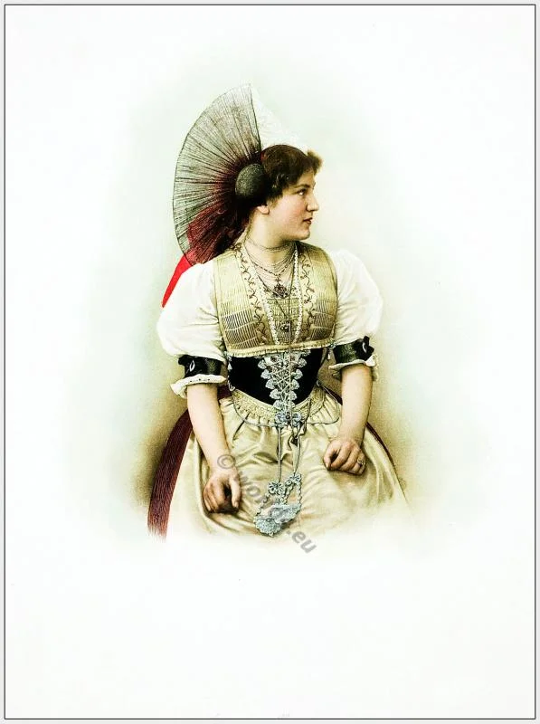 Traditional Switzerland national costumes. Swiss folk dresses. Clothing from the Canton of Appenzell.