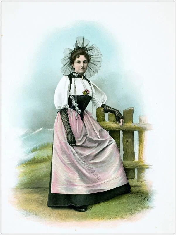 Traditional Switzerland national costume. Swiss folk dresses. Clothing Canton of Berne