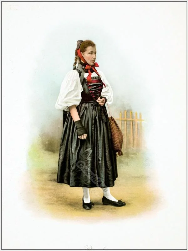 Traditional Switzerland national costumes. Swiss folk dresses. Clothing from the Canton of Basel.