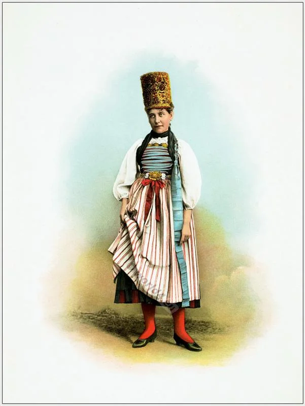 Traditional Switzerland national costumes. Swiss folk dresses. Wedding dress from the Canton of Schaffhausen.