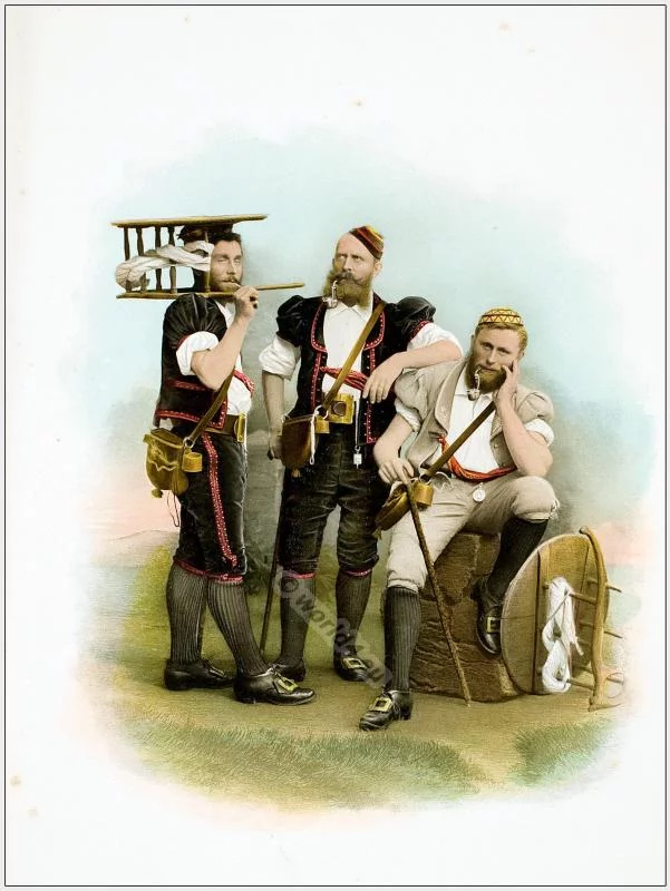 Traditional Switzerland national costumes. Swiss folk dresses. Clothing from the Canton of Fribourg.