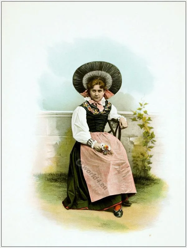 Traditional Switzerland national costumes. Swiss folk dresses. Clothing from the Canton of Thurgau.