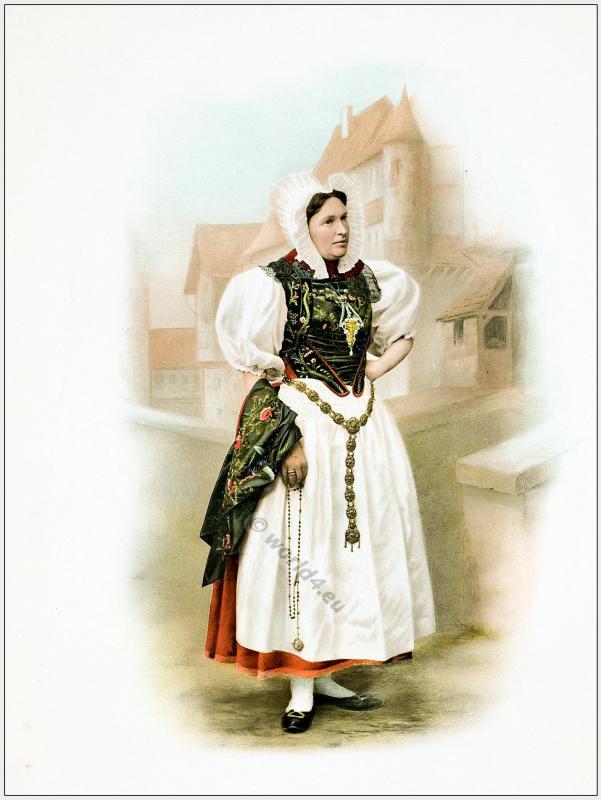 Traditional Switzerland national costumes. Swiss folk dresses. Clothing from the Canton of Solothurn.