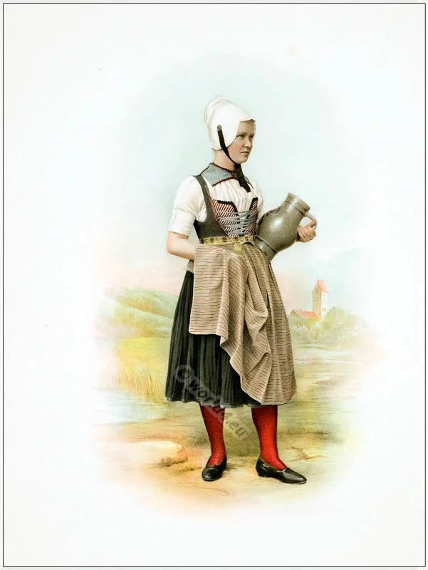 Traditional Switzerland national costumes. Swiss folk dresses. Clothing from the Canton of Zurich.