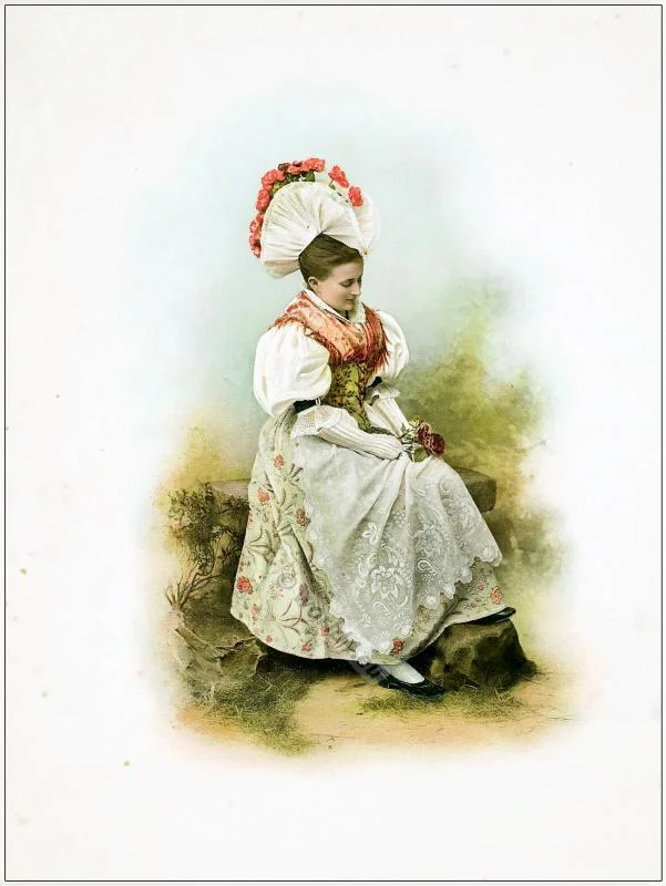 Traditional Switzerland national costumes. Swiss folk dresses. Clothing from the Canton of Schwyz.