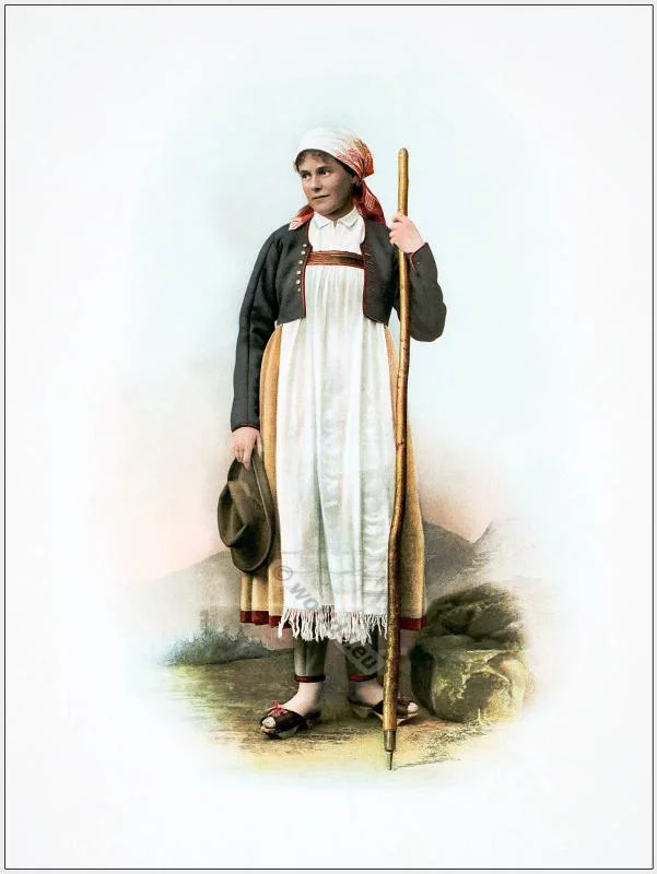 Traditional Switzerland national costumes. Swiss folk dresses. Clothing from the Canton of Tessin.
