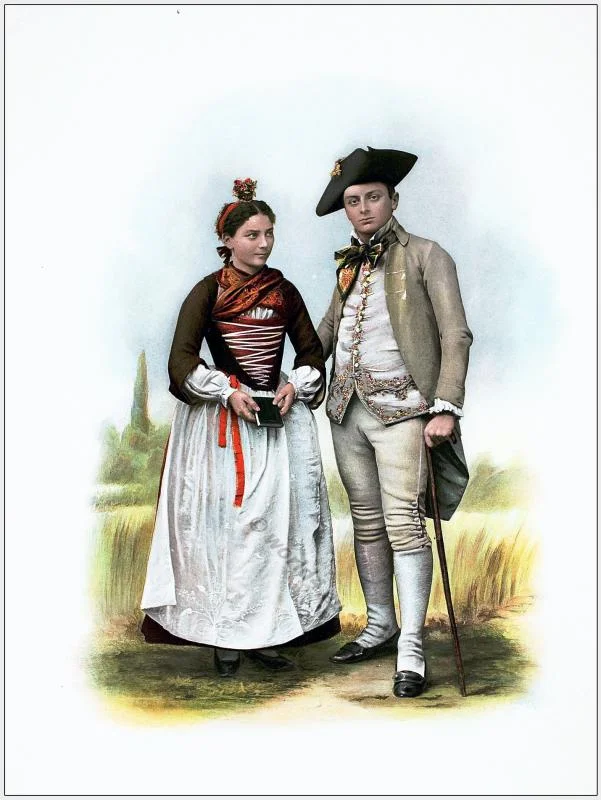 Traditional Switzerland national costumes. Swiss folk dresses. Clothing from the Canton of Valais.